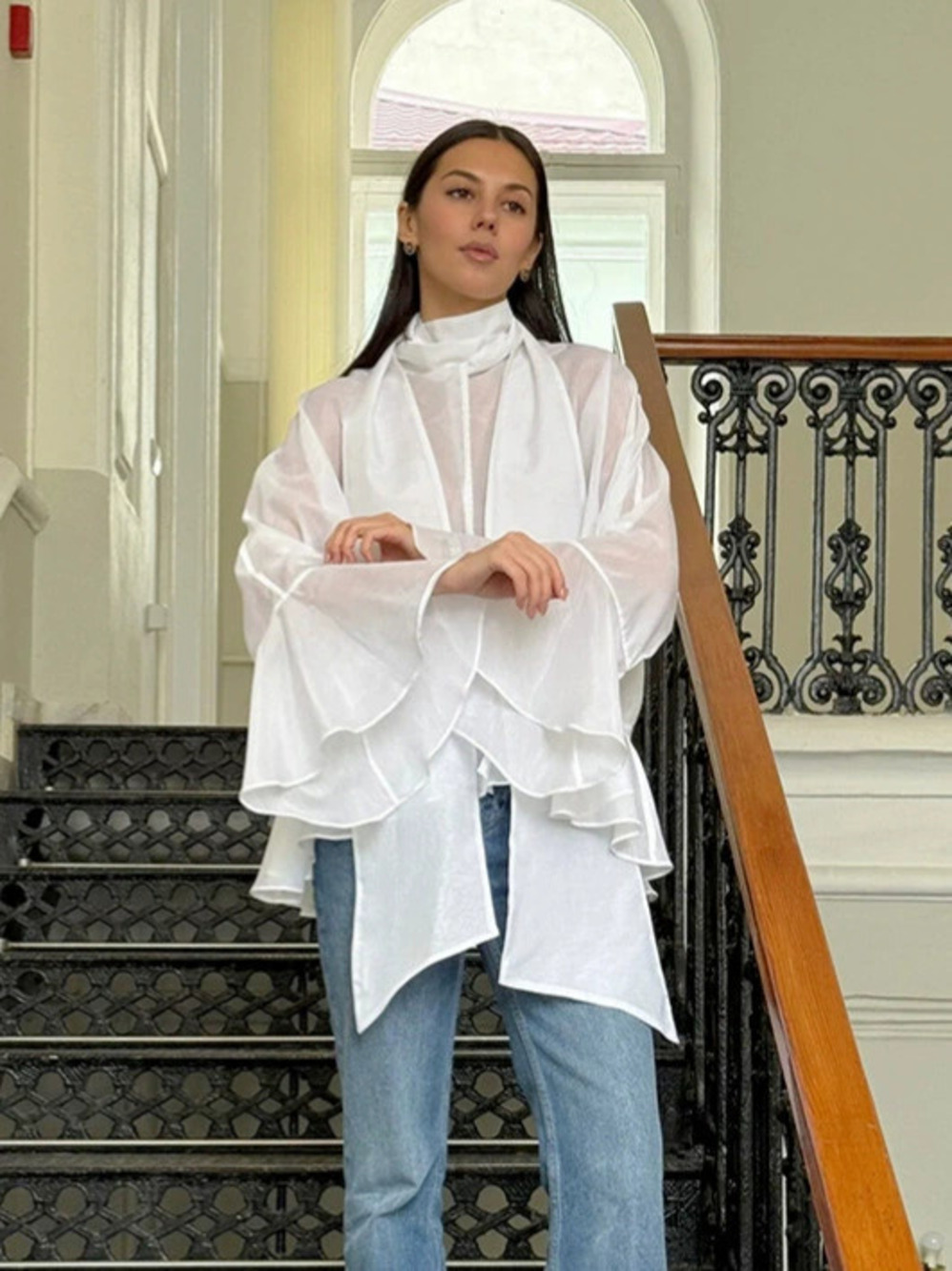 Forever 21 Sheer Tencel Scarf Collar Blouse Mid Length Long Ruffle Sleeve
